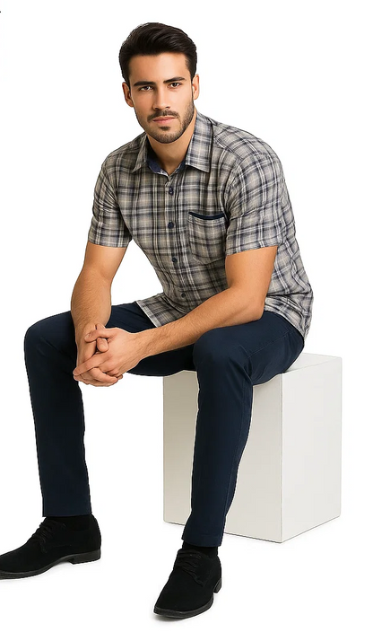 Mens Textured Plaid Walking Suit in Navy/white by Dreams by Zacchi  2 Piece Leisure Outfit with matching shirt and pant -$ 99