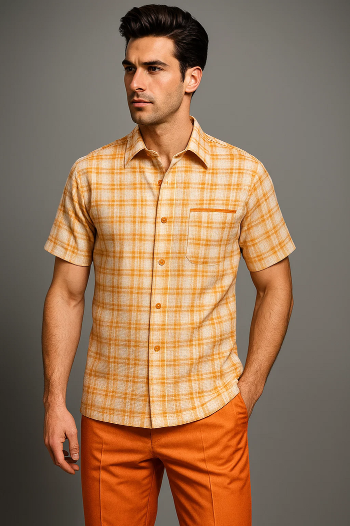 Mens Textured Plaid Walking Suit in orange/cream by Dreams by Zacchi  2 Piece Leisure Outfit with Matching Shirt and Pant - $99