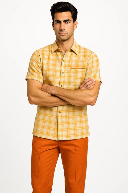 Mens Textured Plaid Walking Suit in orange/cream by Dreams by Zacchi  2 Piece Leisure Outfit with Matching Shirt and Pant - $99
