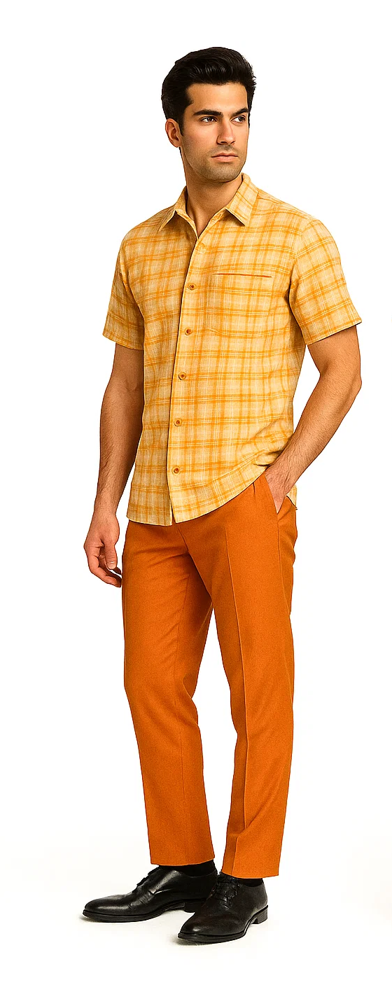Mens Textured Plaid Walking Suit in orange/cream by Dreams by Zacchi – 2 Piece Leisure Outfit with Matching Shirt and Pant - $99