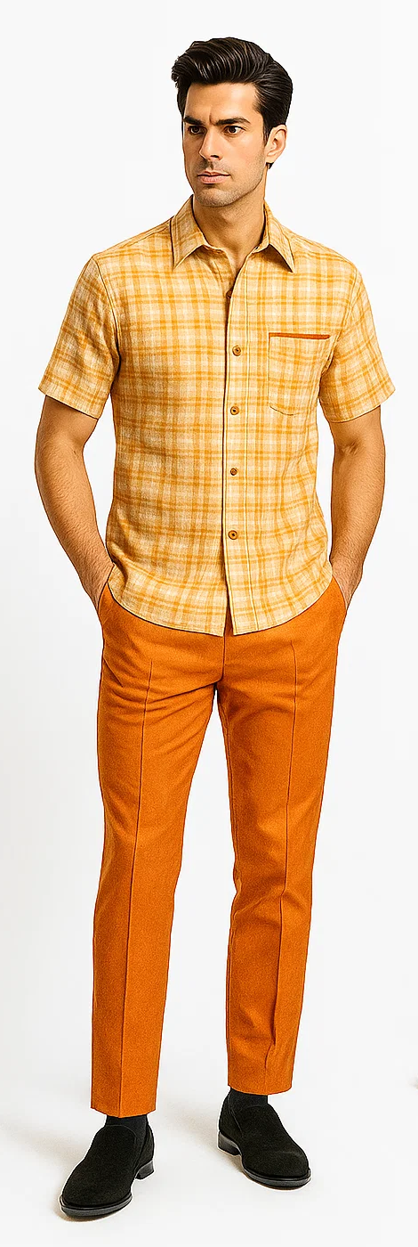 Mens Textured Plaid Walking Suit in orange/cream by Dreams by Zacchi  2 Piece Leisure Outfit with Matching Shirt and Pant - $99