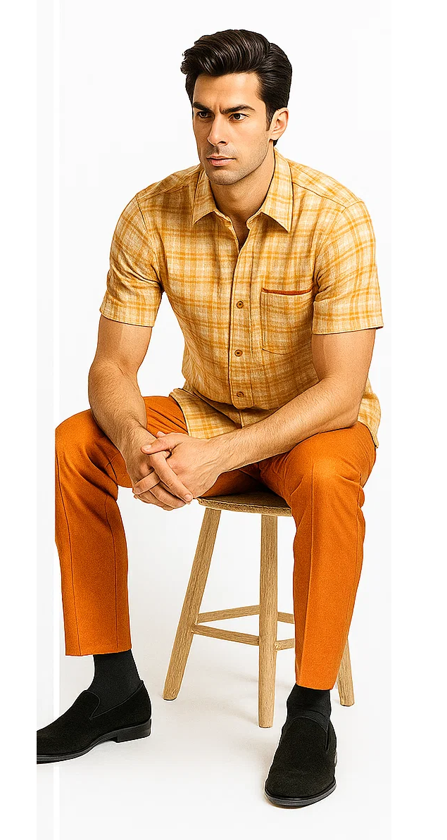 Mens Textured Plaid Walking Suit in orange/cream by Dreams by Zacchi  2 Piece Leisure Outfit with Matching Shirt and Pant - $99