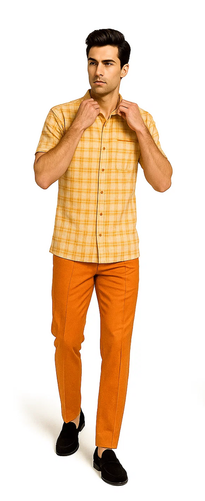Mens Textured Plaid Walking Suit in orange/cream by Dreams by Zacchi  2 Piece Leisure Outfit with Matching Shirt and Pant - $99