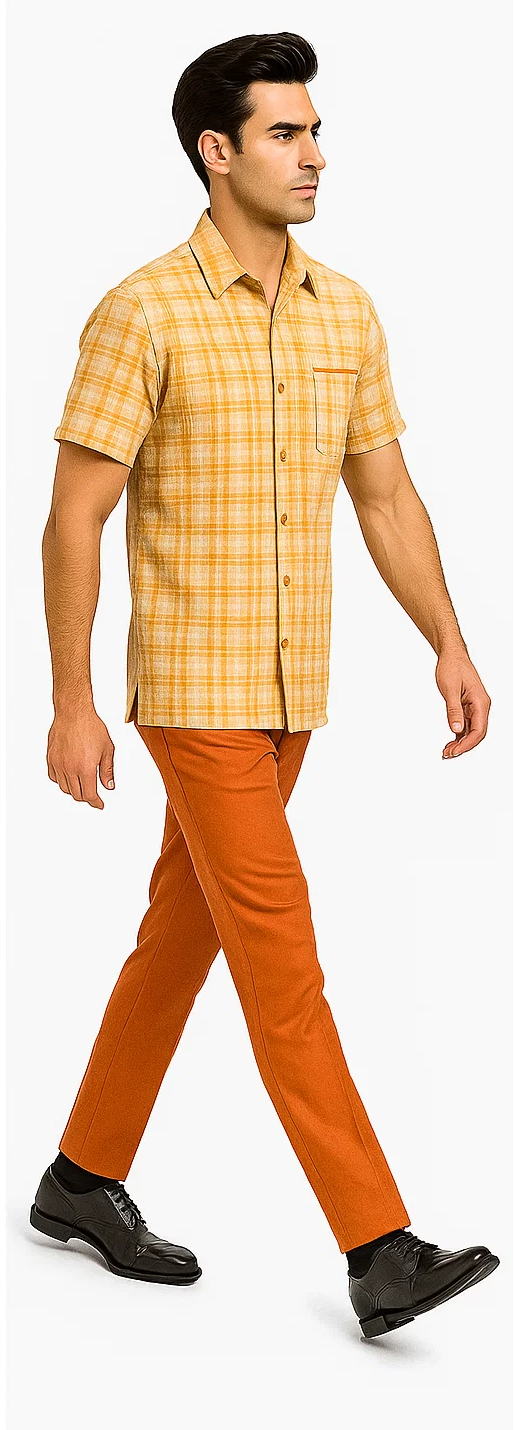 Mens Textured Plaid Walking Suit in orange/cream by Dreams by Zacchi  2 Piece Leisure Outfit with Matching Shirt and Pant - $99