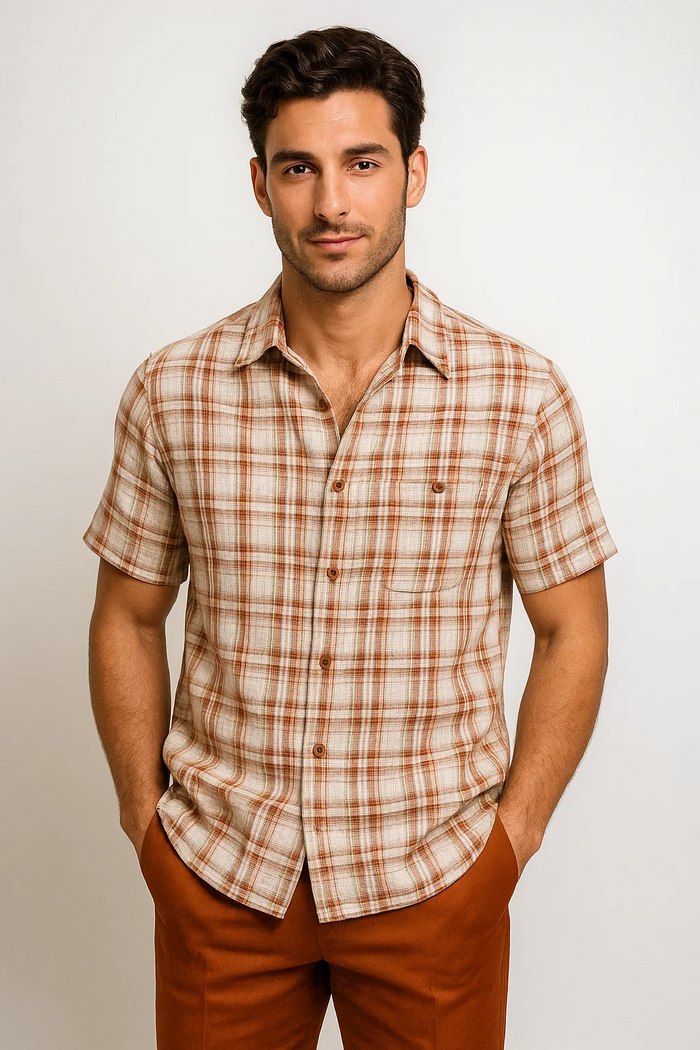 Mens Textured Plaid Walking Suit in papaya/cream by Dreams by Zacchi  2 Piece Leisure Outfit with Matching Shirt and Pant-$99