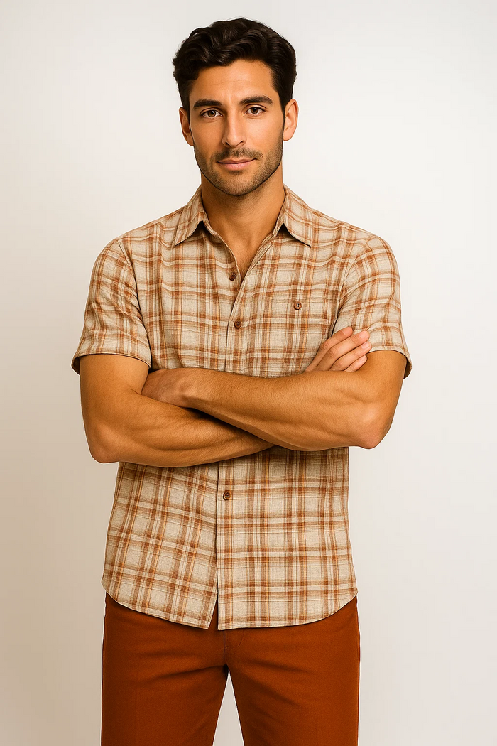Mens Textured Plaid Walking Suit in papaya/cream by Dreams by Zacchi  2 Piece Leisure Outfit with Matching Shirt and Pant-$99