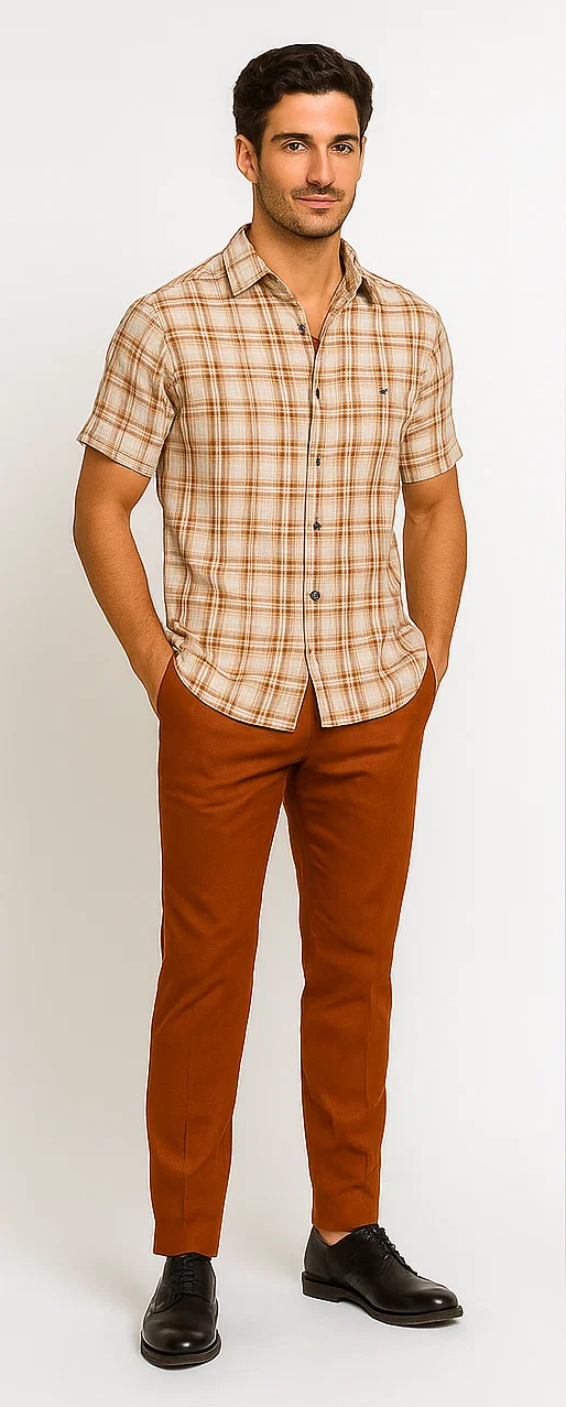 Mens Textured Plaid Walking Suit in papaya/cream by Dreams by Zacchi  2 Piece Leisure Outfit with Matching Shirt and Pant-$99