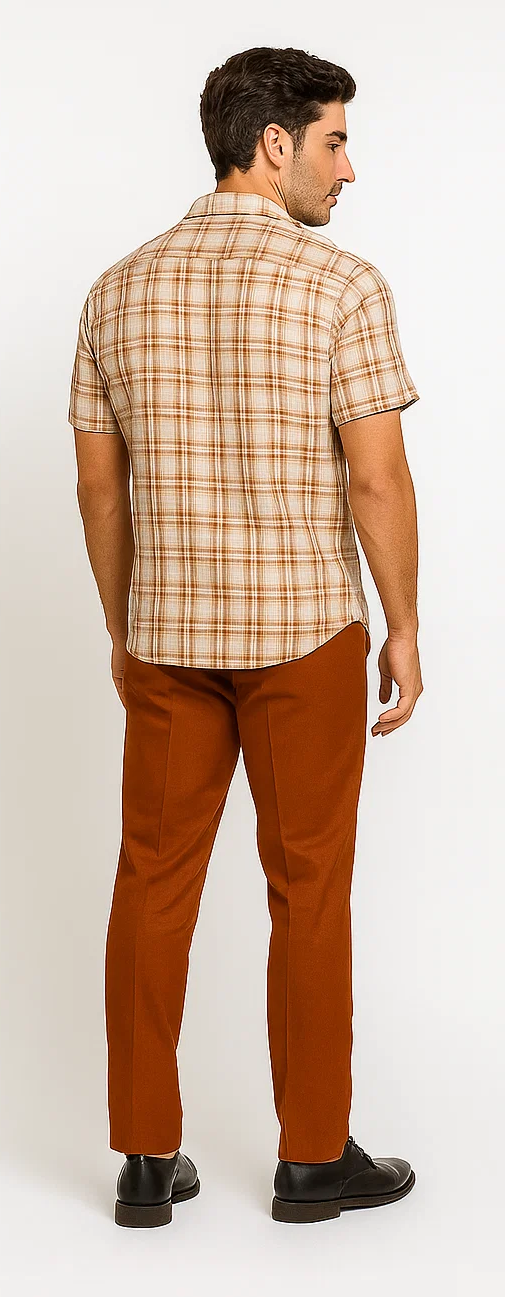 Mens Textured Plaid Walking Suit in papaya/cream by Dreams by Zacchi  2 Piece Leisure Outfit with Matching Shirt and Pant-$99
