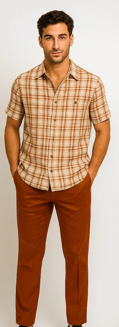Mens Textured Plaid Walking Suit in papaya/cream by Dreams by Zacchi  2 Piece Leisure Outfit with Matching Shirt and Pant-$99
