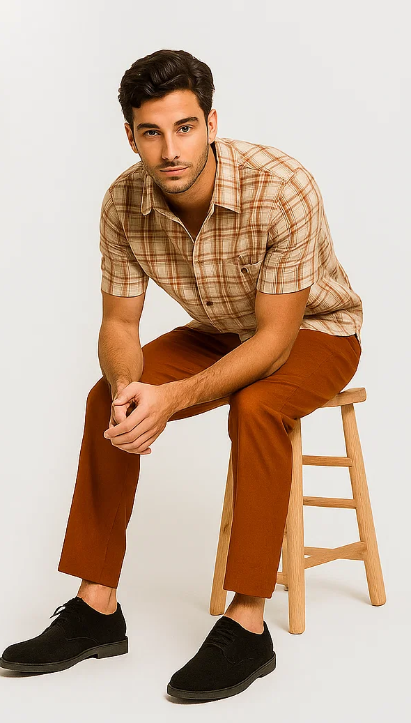 Mens Textured Plaid Walking Suit in papaya/cream by Dreams by Zacchi  2 Piece Leisure Outfit with Matching Shirt and Pant-$99