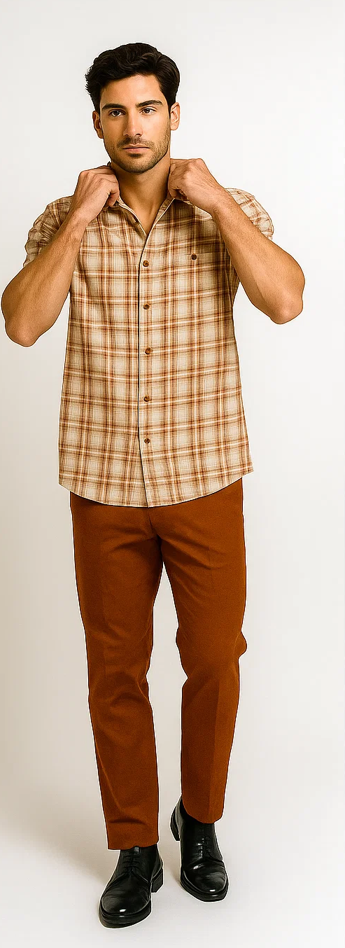 Mens Textured Plaid Walking Suit in papaya/cream by Dreams by Zacchi  2 Piece Leisure Outfit with Matching Shirt and Pant-$99