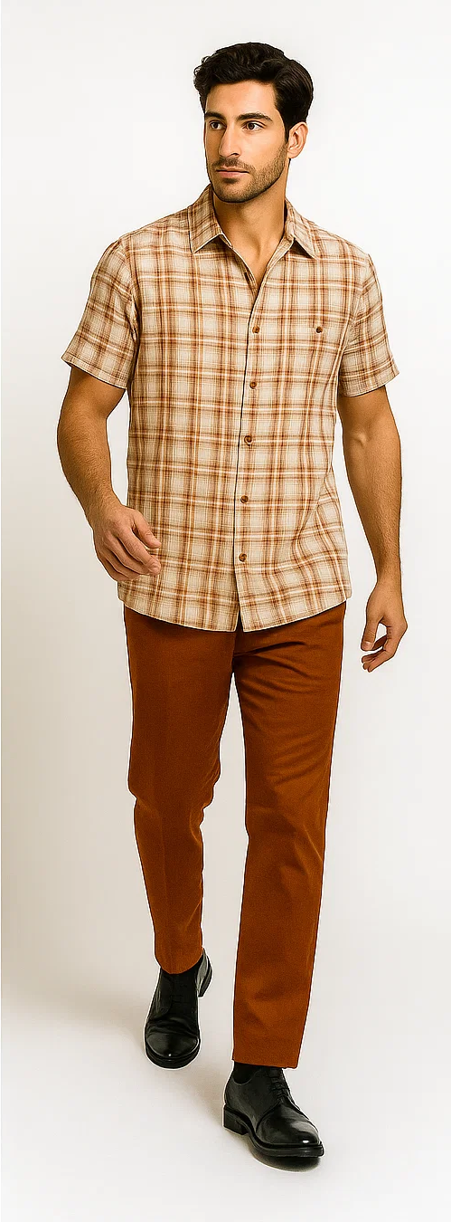 Mens Textured Plaid Walking Suit in papaya/cream by Dreams by Zacchi  2 Piece Leisure Outfit with Matching Shirt and Pant-$99