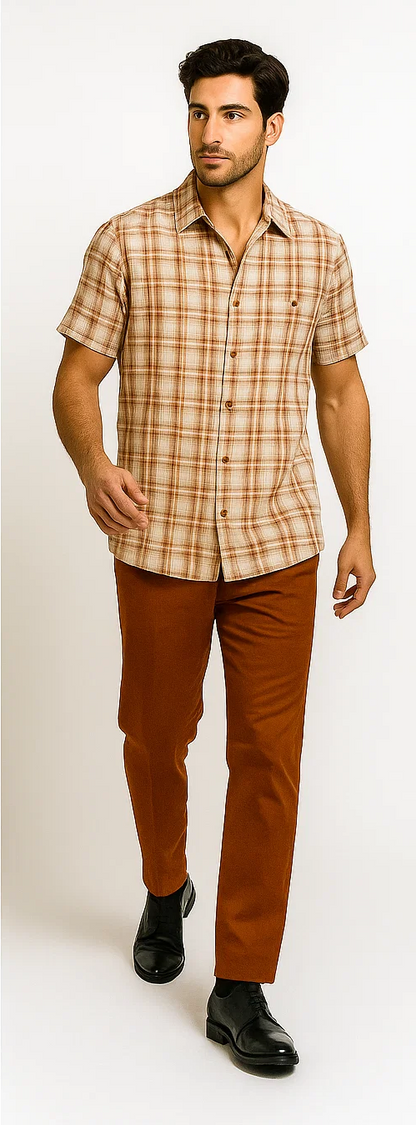 Mens Textured Plaid Walking Suit in papaya/cream by Dreams by Zacchi  2 Piece Leisure Outfit with Matching Shirt and Pant-$99