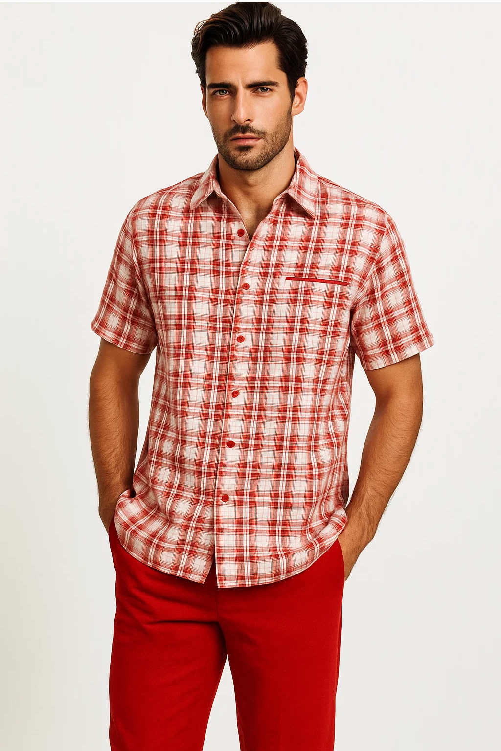 Mens Textured Plaid Walking Suit in red/off white  by Dreams by Zacchi – 2 Piece Leisure Outfit with Matching Shirt and Pant-$99