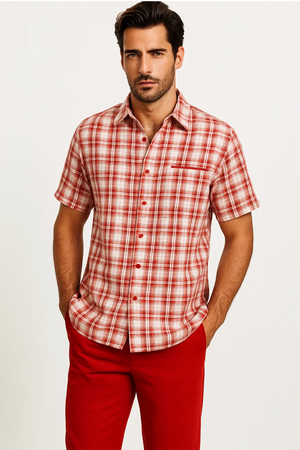 Mens Textured Plaid Walking Suit in red/off white  by Dreams by Zacchi  2 Piece Leisure Outfit with Matching Shirt and Pant-$99