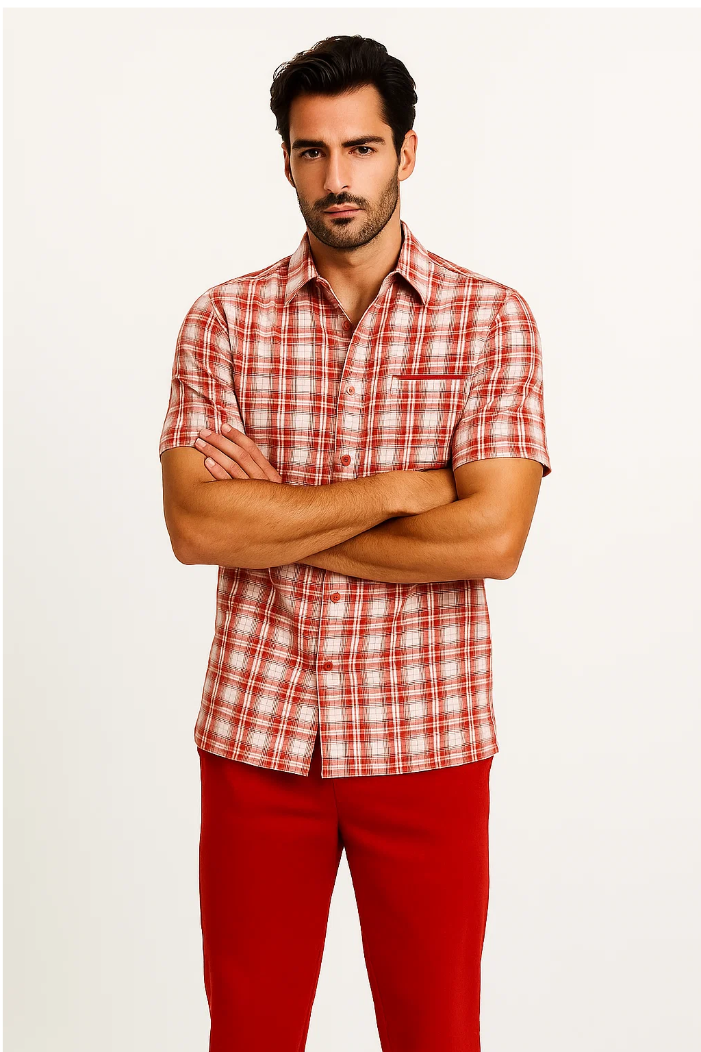 Mens Textured Plaid Walking Suit in red/off white  by Dreams by Zacchi – 2 Piece Leisure Outfit with Matching Shirt and Pant-$99