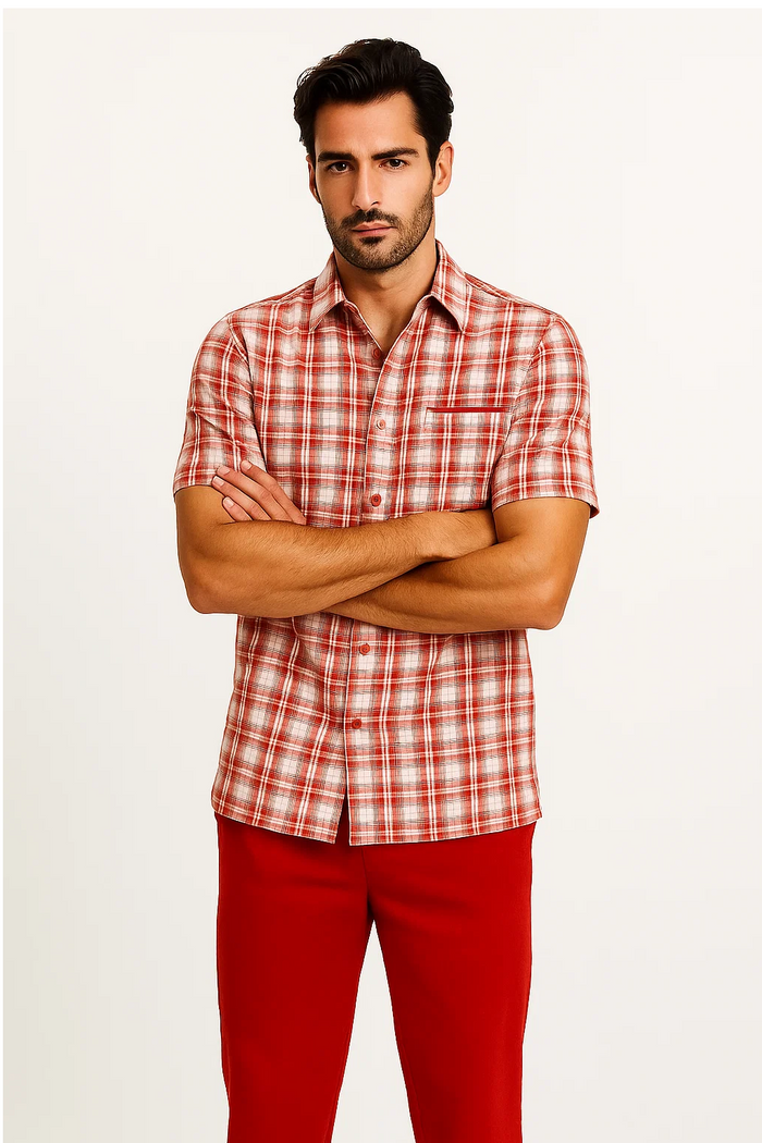 Mens Textured Plaid Walking Suit in red/off white  by Dreams by Zacchi  2 Piece Leisure Outfit with Matching Shirt and Pant-$99