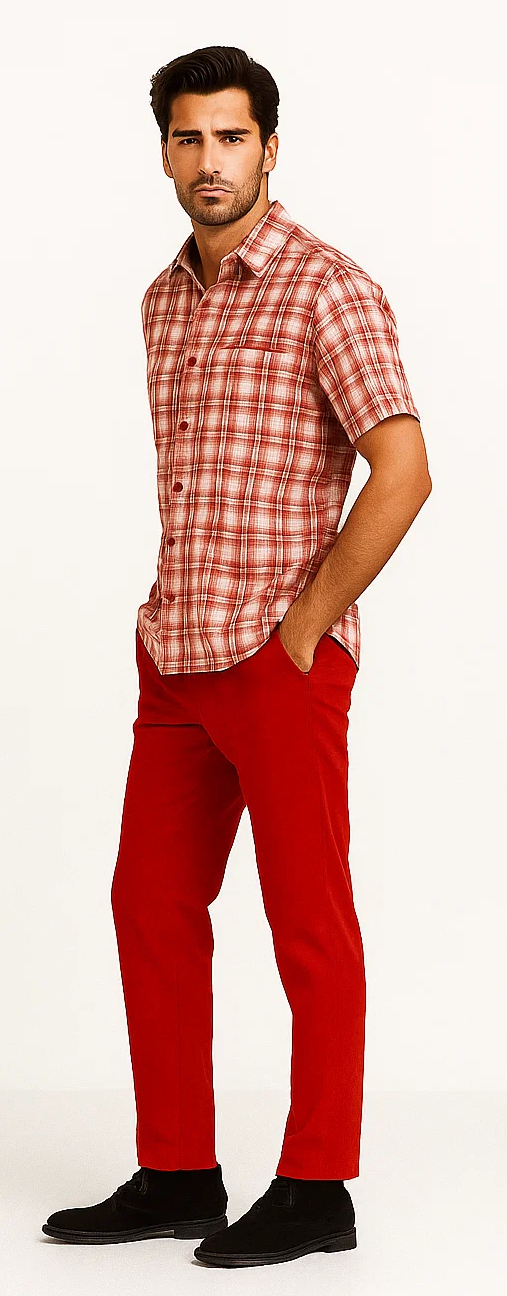 Mens Textured Plaid Walking Suit in red/off white  by Dreams by Zacchi  2 Piece Leisure Outfit with Matching Shirt and Pant-$99