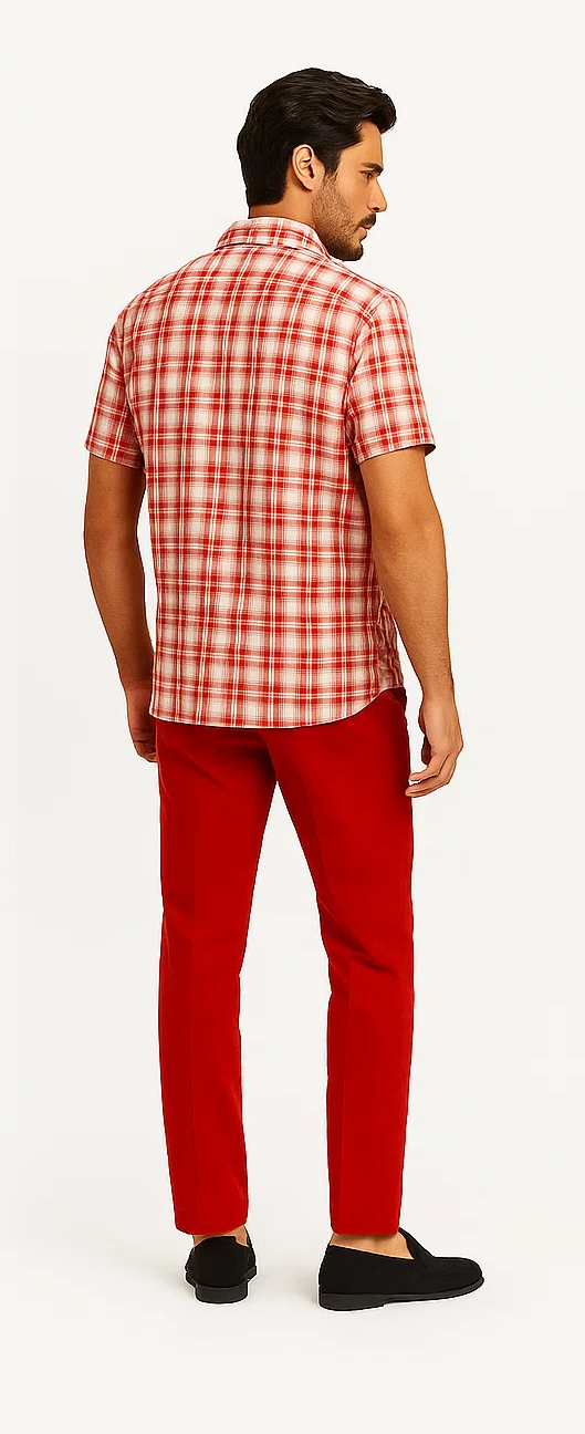 Mens Textured Plaid Walking Suit in red/off white  by Dreams by Zacchi  2 Piece Leisure Outfit with Matching Shirt and Pant-$99