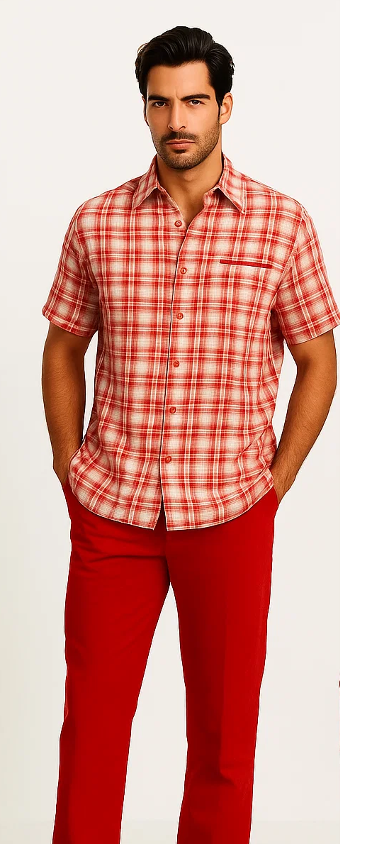 Mens Textured Plaid Walking Suit in red/off white  by Dreams by Zacchi  2 Piece Leisure Outfit with Matching Shirt and Pant-$99