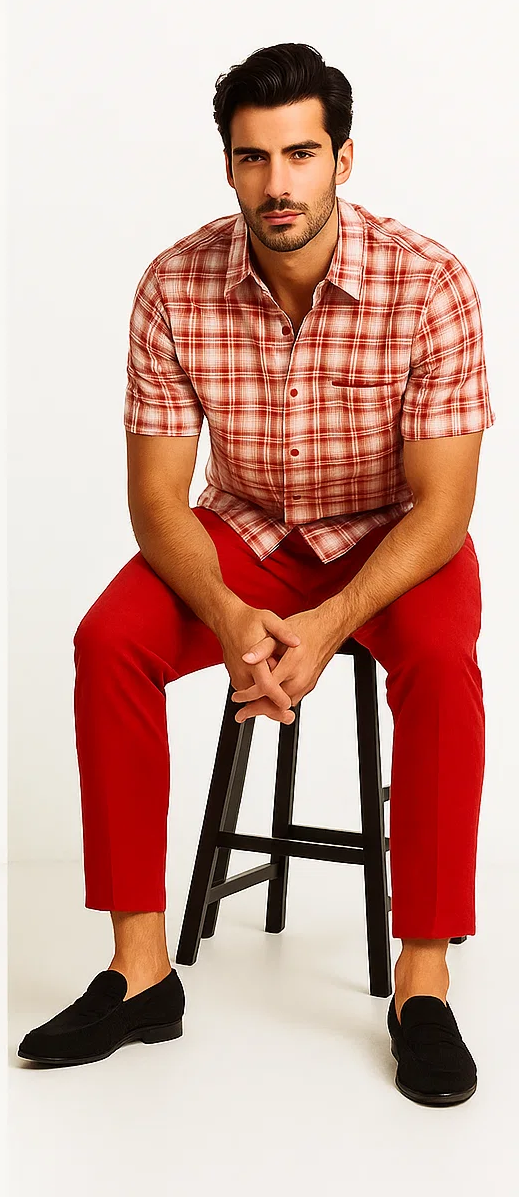 Mens Textured Plaid Walking Suit in red/off white  by Dreams by Zacchi  2 Piece Leisure Outfit with Matching Shirt and Pant-$99