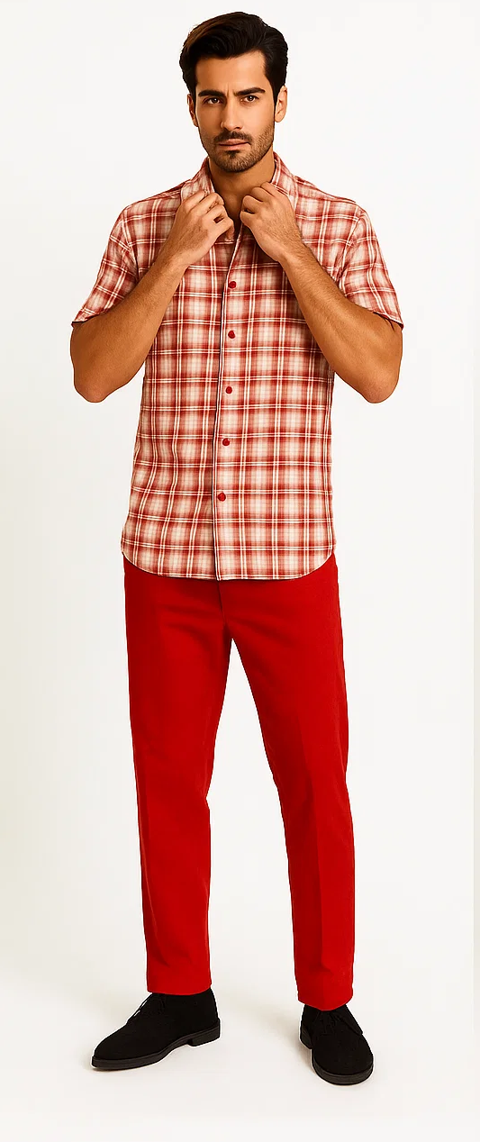 Mens Textured Plaid Walking Suit in red/off white  by Dreams by Zacchi  2 Piece Leisure Outfit with Matching Shirt and Pant-$99