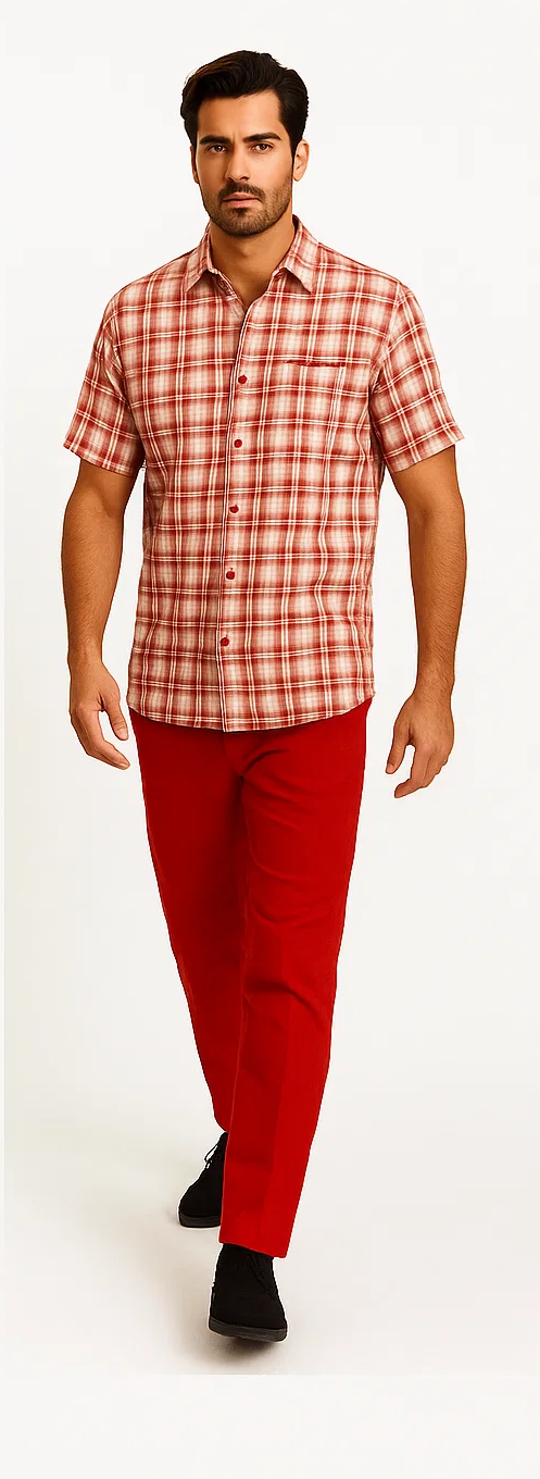 Mens Textured Plaid Walking Suit in red/off white  by Dreams by Zacchi  2 Piece Leisure Outfit with Matching Shirt and Pant-$99