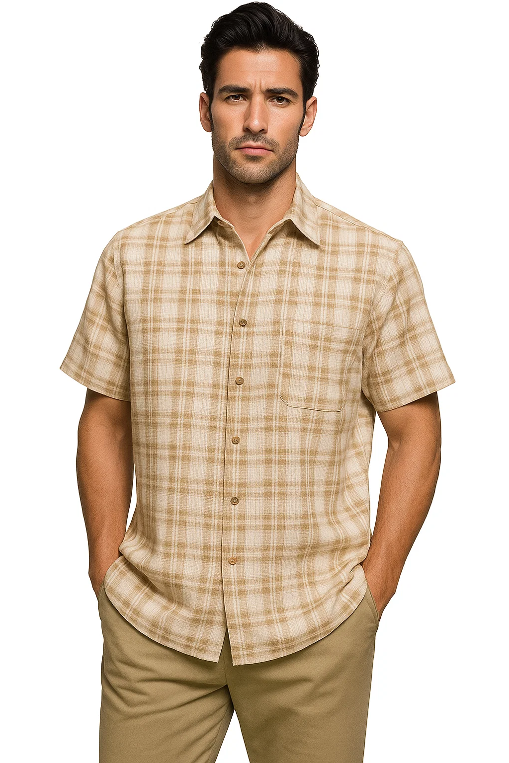 Mens Textured Plaid Walking Suit in tan/cream  by Dreams by Zacchi  2 Piece Leisure Outfit with matching shirt and pant -$99