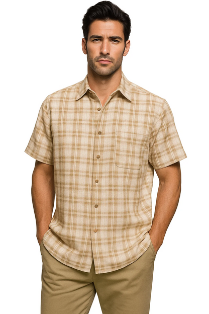 Mens Textured Plaid Walking Suit in tan/cream  by Dreams by Zacchi  2 Piece Leisure Outfit with matching shirt and pant -$99