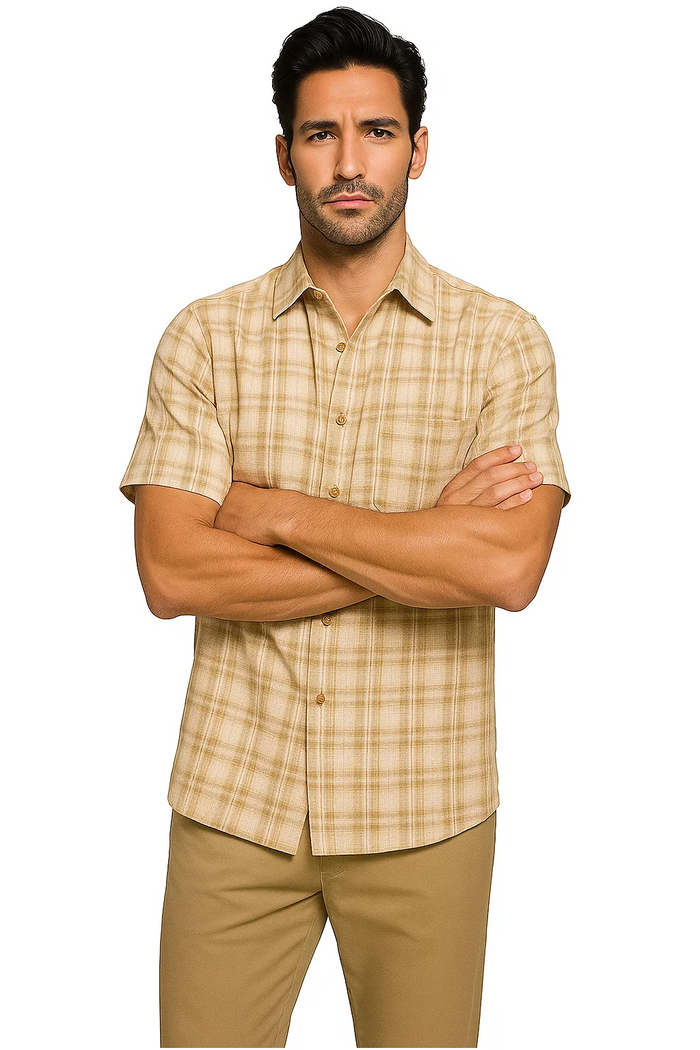 Mens Textured Plaid Walking Suit in tan/cream  by Dreams by Zacchi  2 Piece Leisure Outfit with matching shirt and pant -$99