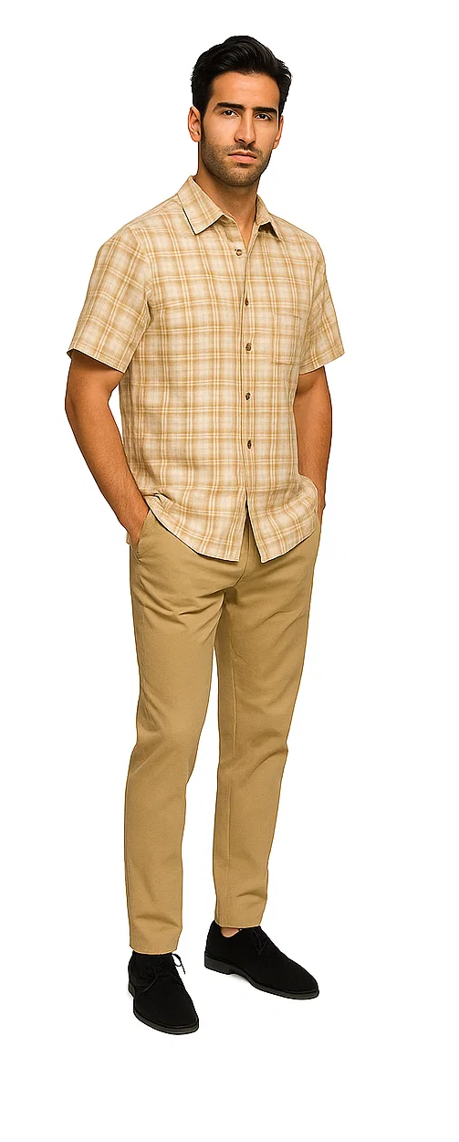 Mens Textured Plaid Walking Suit in tan/cream  by Dreams by Zacchi  2 Piece Leisure Outfit with matching shirt and pant -$99