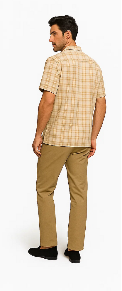 Mens Textured Plaid Walking Suit in tan/cream  by Dreams by Zacchi  2 Piece Leisure Outfit with matching shirt and pant -$99