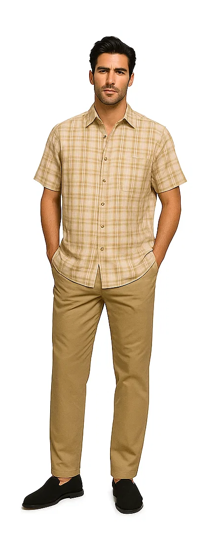 Mens Textured Plaid Walking Suit in tan/cream  by Dreams by Zacchi  2 Piece Leisure Outfit with matching shirt and pant -$99
