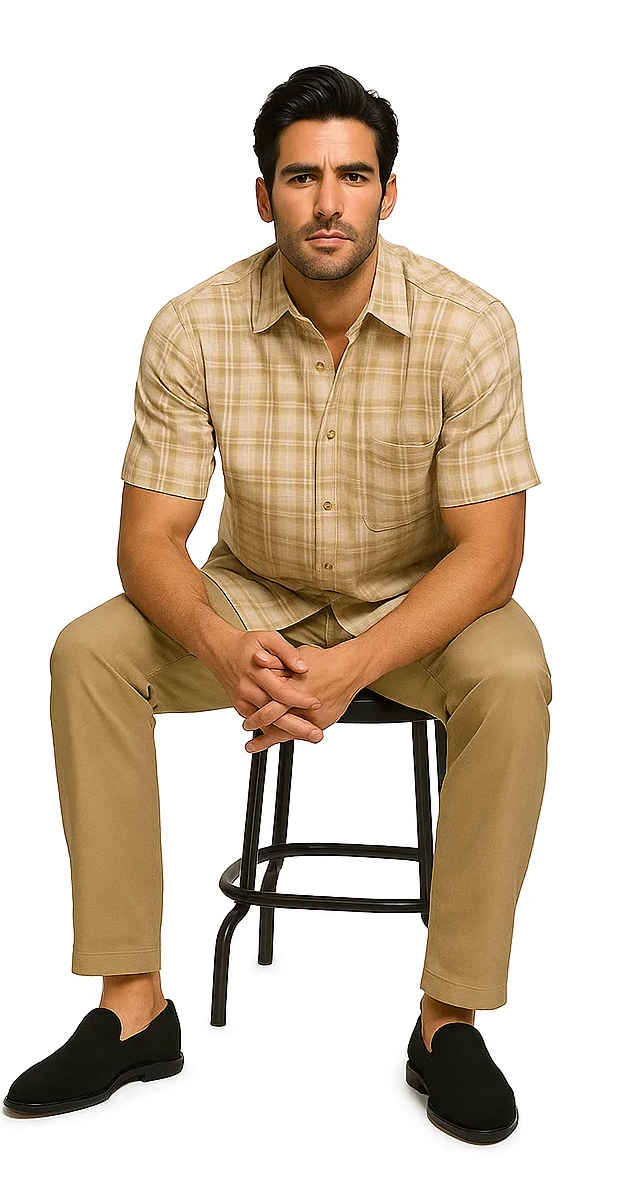 Mens Textured Plaid Walking Suit in tan/cream  by Dreams by Zacchi  2 Piece Leisure Outfit with matching shirt and pant -$99