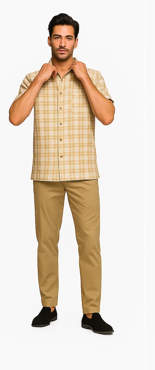 Mens Textured Plaid Walking Suit in tan/cream  by Dreams by Zacchi  2 Piece Leisure Outfit with matching shirt and pant -$99