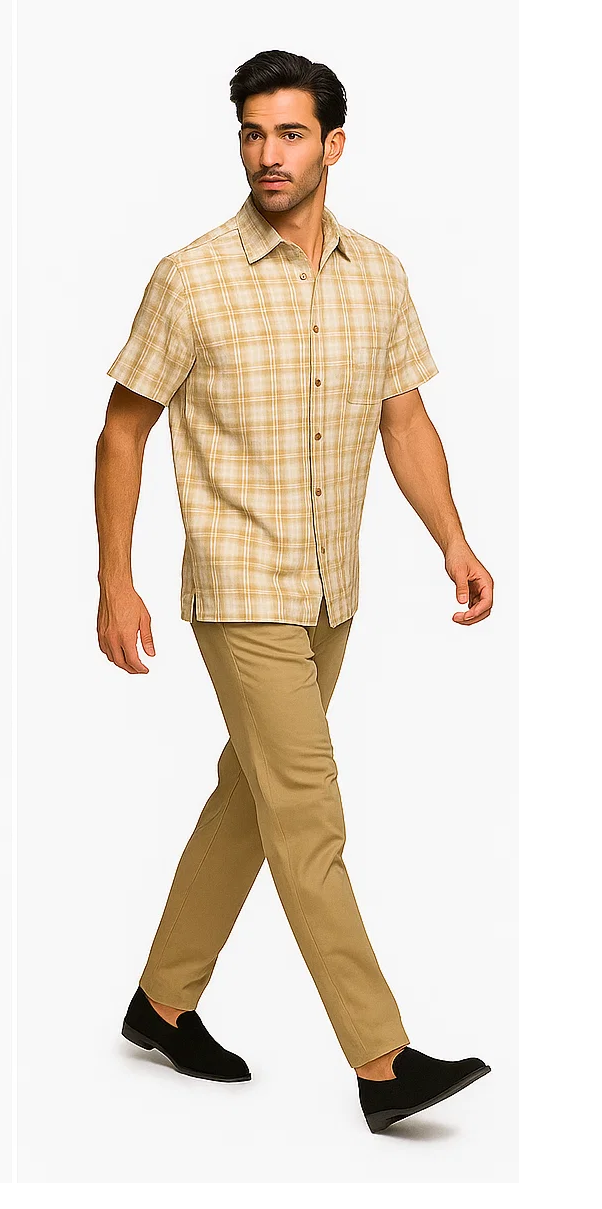 Mens Textured Plaid Walking Suit in tan/cream  by Dreams by Zacchi  2 Piece Leisure Outfit with matching shirt and pant -$99