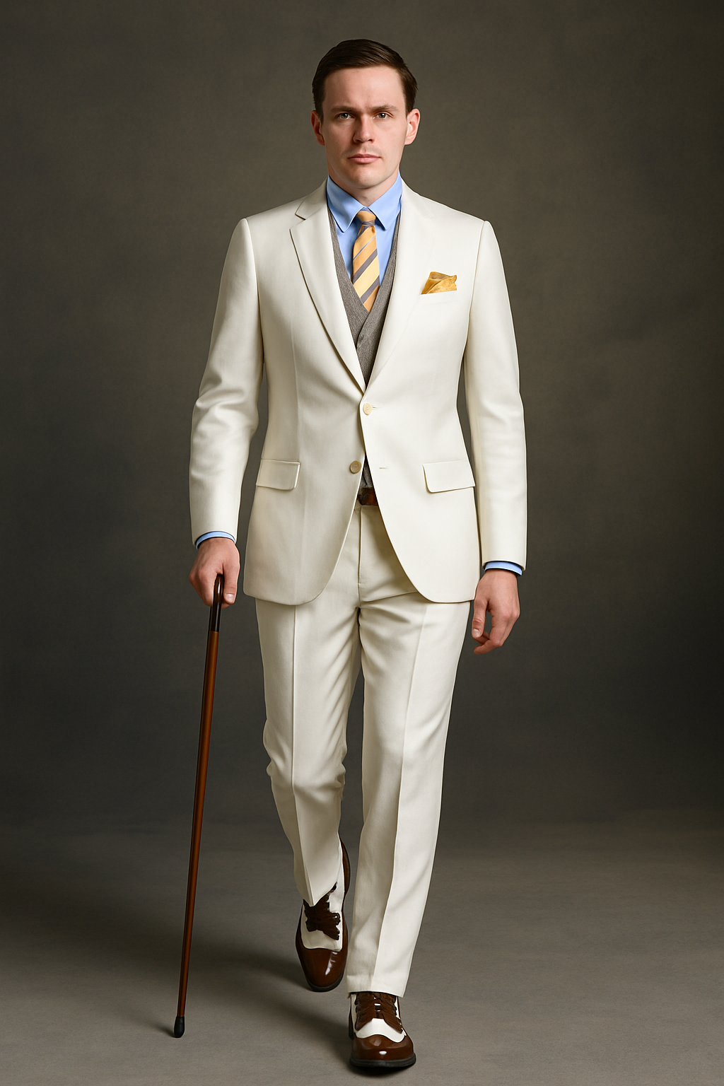 Mens The Great Gatsby Vested Peak Lapel Suit in Ivory with Brown Vest