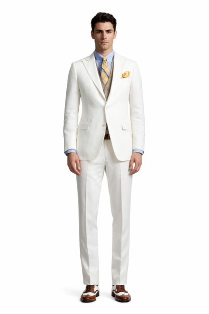 Mens The Great Gatsby Vested Peak Lapel Suit in Ivory with Brown Vest