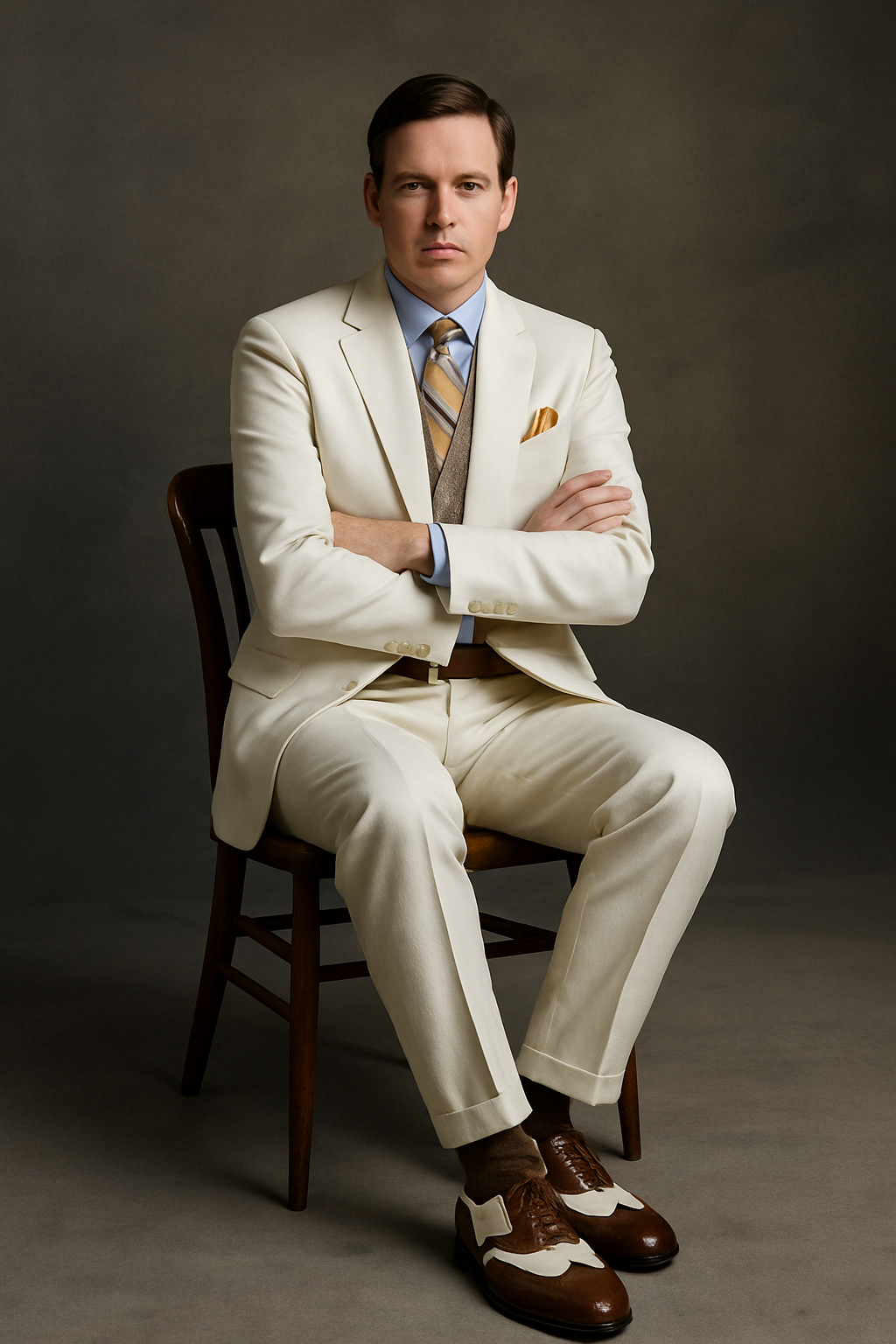 Mens The Great Gatsby Vested Peak Lapel Suit in Ivory with Brown Vest