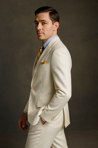 Mens The Great Gatsby Vested Peak Lapel Suit in Ivory with Brown Vest