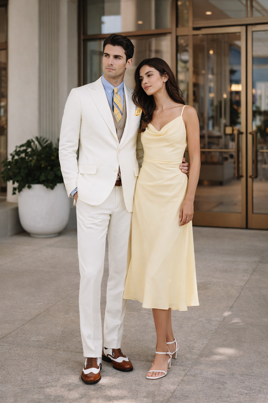 Mens The Great Gatsby Vested Peak Lapel Suit in Ivory with Brown Vest