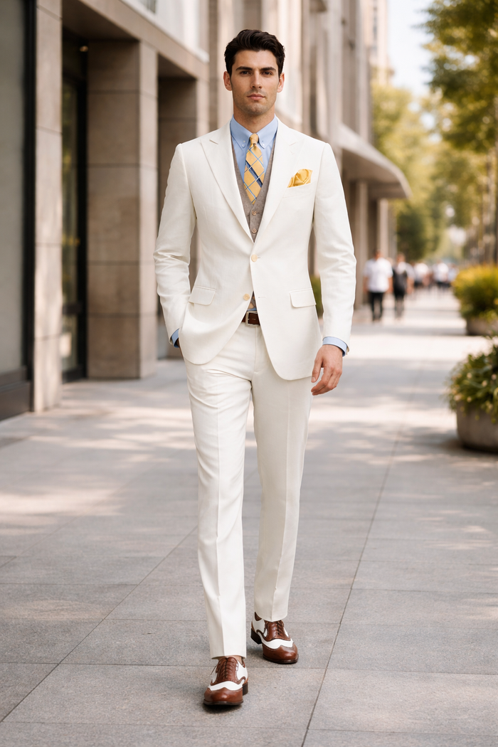 Men's The Great Gatsby Vested Peak Lapel Suit in Ivory with Brown Vest