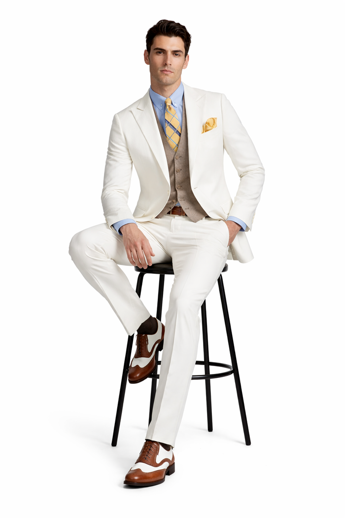 Men's The Great Gatsby Vested Peak Lapel Suit in Ivory with Brown Vest