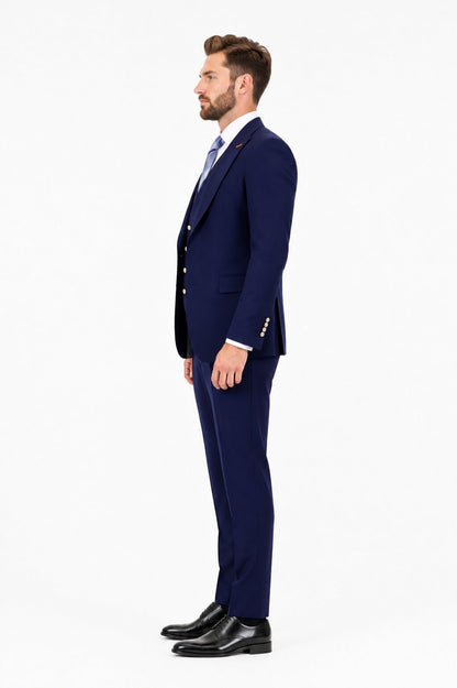 Men's Navy Statement Ticket Pocket Peak Lapel Wool Double Breasted Vest Suit with Silver Buttons – Modern Fit