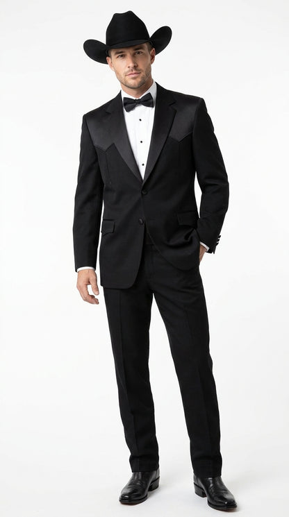 Mens Traditional Black Western Tuxedo Suit – 2 Piece Cowboy Formal Suit with Western Yoke Sport Coat & Matching Black Pants