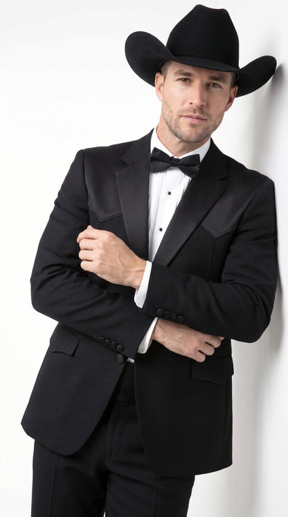Mens Traditional Black Western Tuxedo Suit – 2 Piece Cowboy Formal Suit with Western Yoke Sport Coat & Matching Black Pants