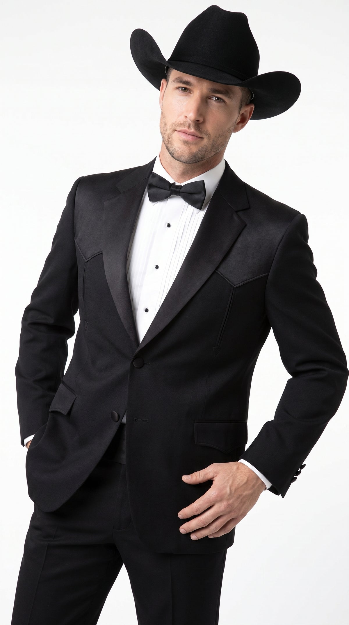 Mens Traditional Black Western Tuxedo Suit – 2 Piece Cowboy Formal Suit with Western Yoke Sport Coat & Matching Black Pants