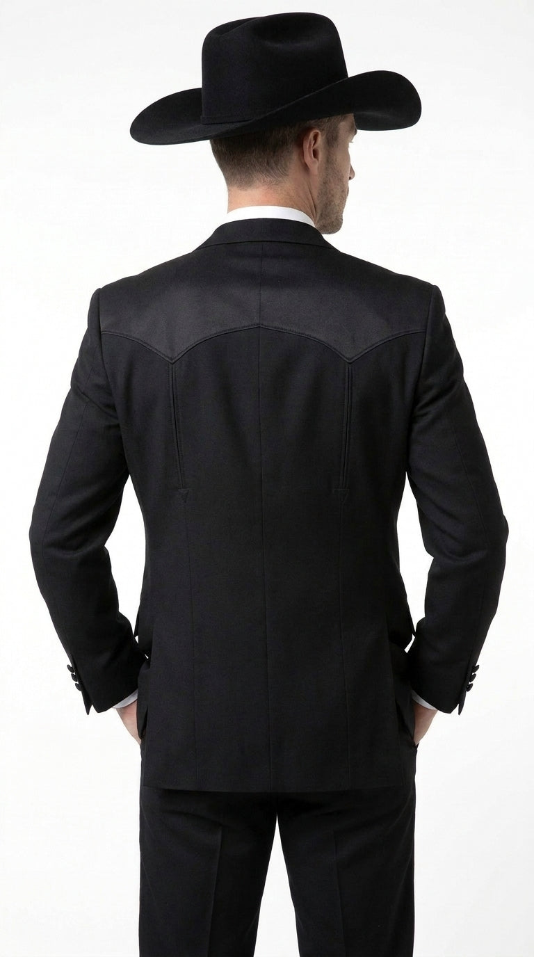 Mens Traditional Black Western Tuxedo Suit – 2 Piece Cowboy Formal Suit with Western Yoke Sport Coat & Matching Black Pants
