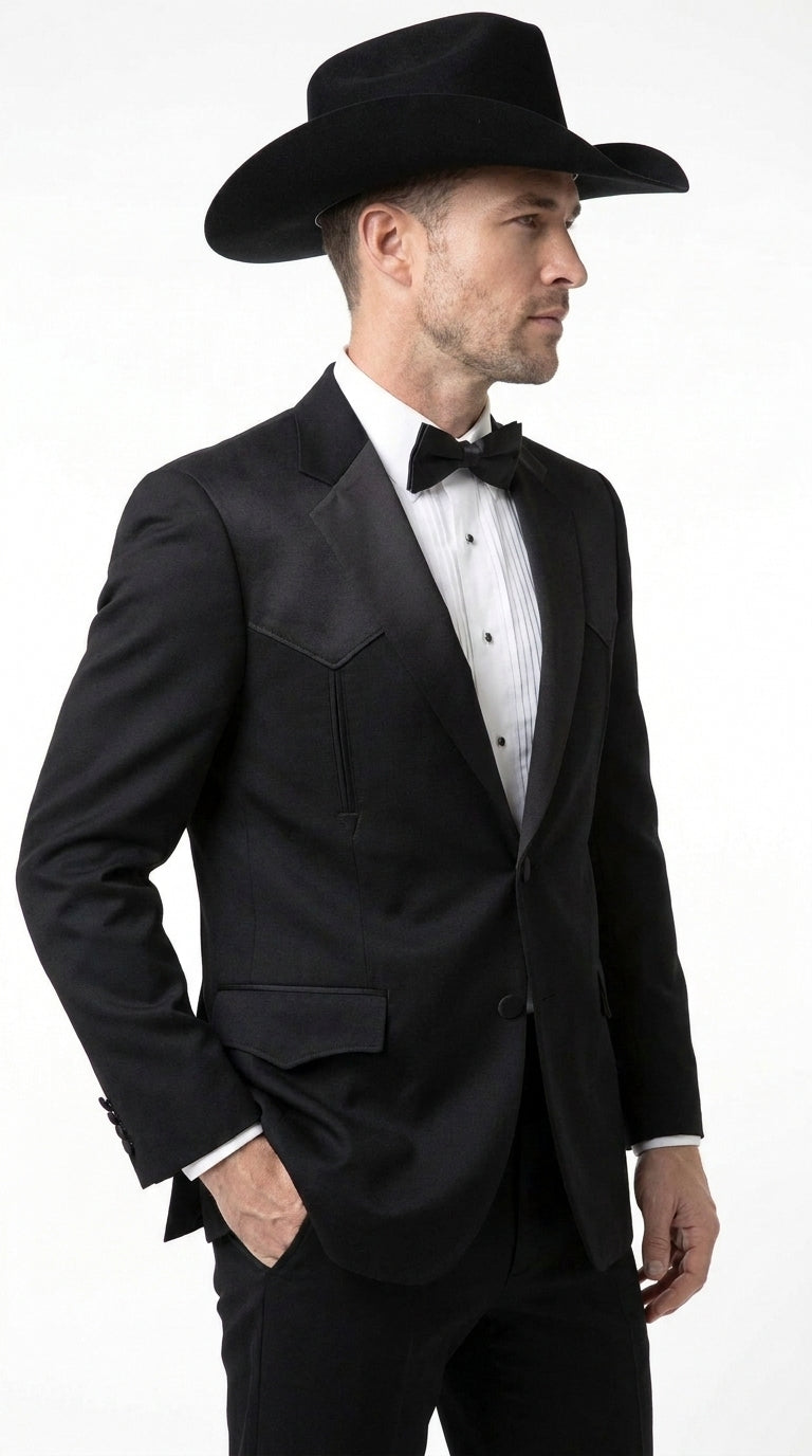 Mens Traditional Black Western Tuxedo Suit – 2 Piece Cowboy Formal Suit with Western Yoke Sport Coat & Matching Black Pants