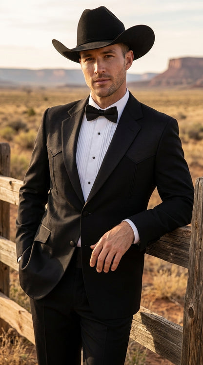 Mens Traditional Black Western Tuxedo Suit – 2 Piece Cowboy Formal Suit with Western Yoke Sport Coat & Matching Black Pants